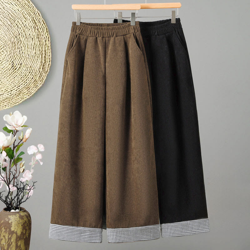 Nimara Ritual Plain Elastic Waist Patchwork Plaid Women's Ankle-Length Wide Leg Corduroy Pants