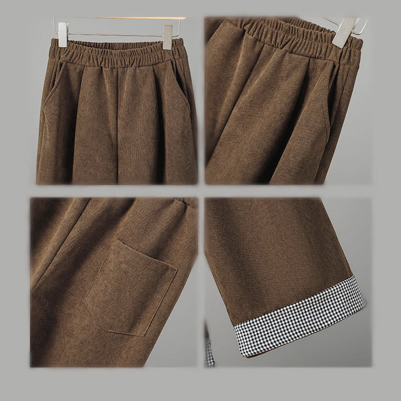 Nimara Ritual Plain Elastic Waist Patchwork Plaid Women's Ankle-Length Wide Leg Corduroy Pants
