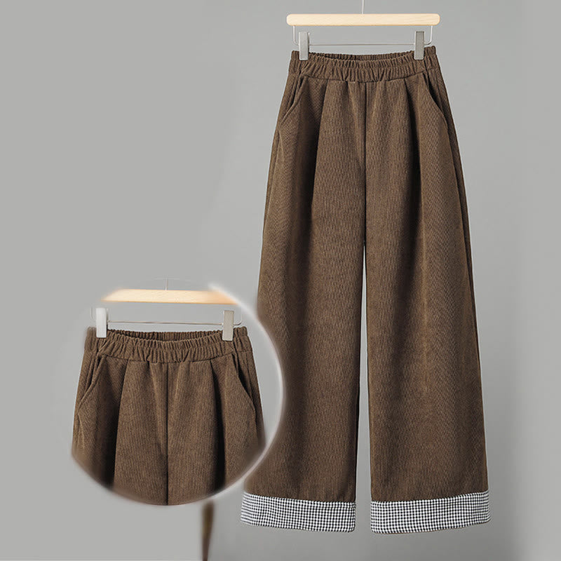 Nimara Ritual Plain Elastic Waist Patchwork Plaid Women's Ankle-Length Wide Leg Corduroy Pants
