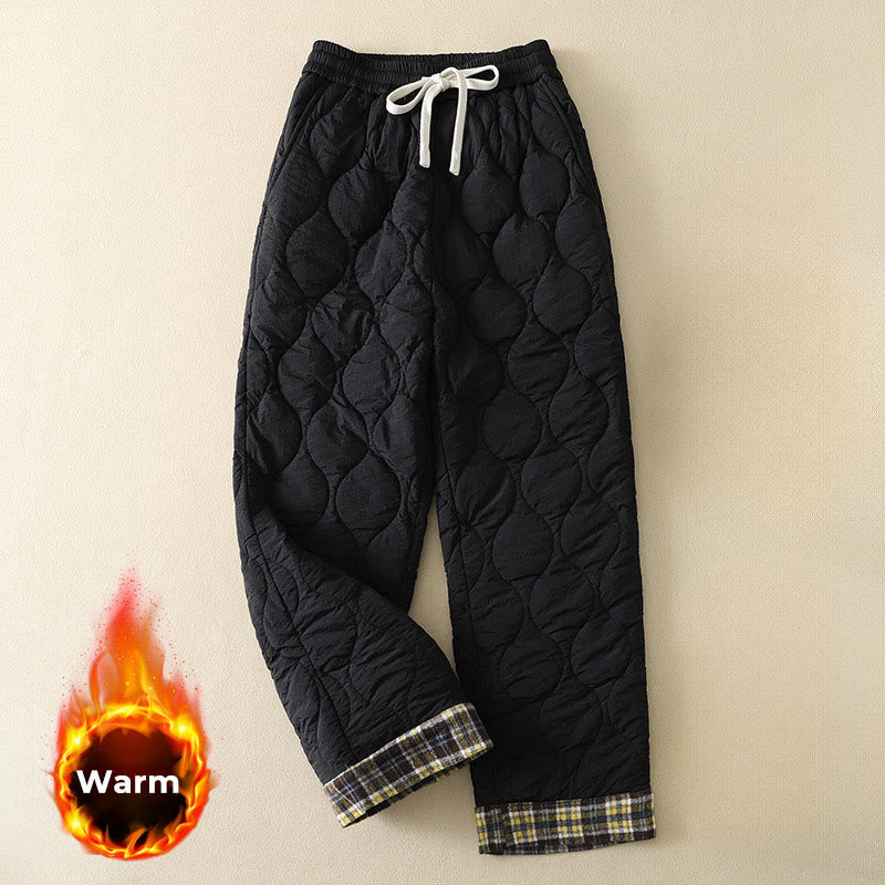 Nimara Ritual Winter Curved Lines Elastic Waist Drawstring Patchwork Plaid Cotton Thermal Women's Pants With Pockets