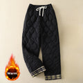 Nimara Ritual Winter Curved Lines Elastic Waist Drawstring Patchwork Plaid Cotton Thermal Women's Pants With Pockets