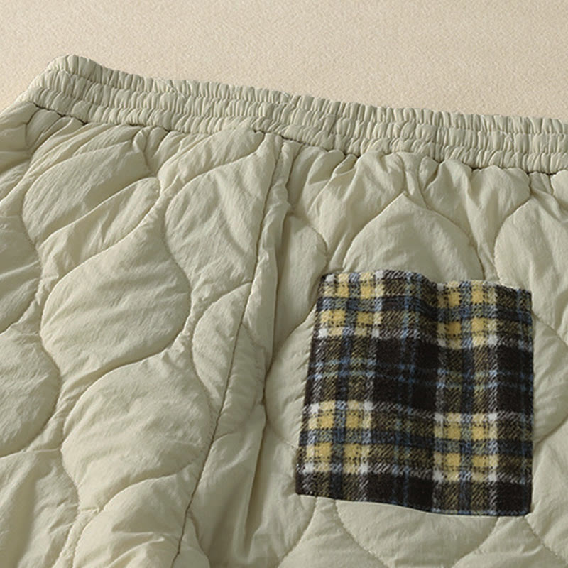 Nimara Ritual Winter Curved Lines Elastic Waist Drawstring Patchwork Plaid Cotton Thermal Women's Pants With Pockets