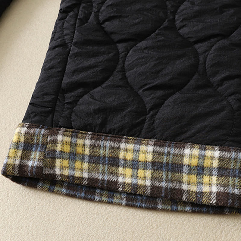 Nimara Ritual Winter Curved Lines Elastic Waist Drawstring Patchwork Plaid Cotton Thermal Women's Pants With Pockets