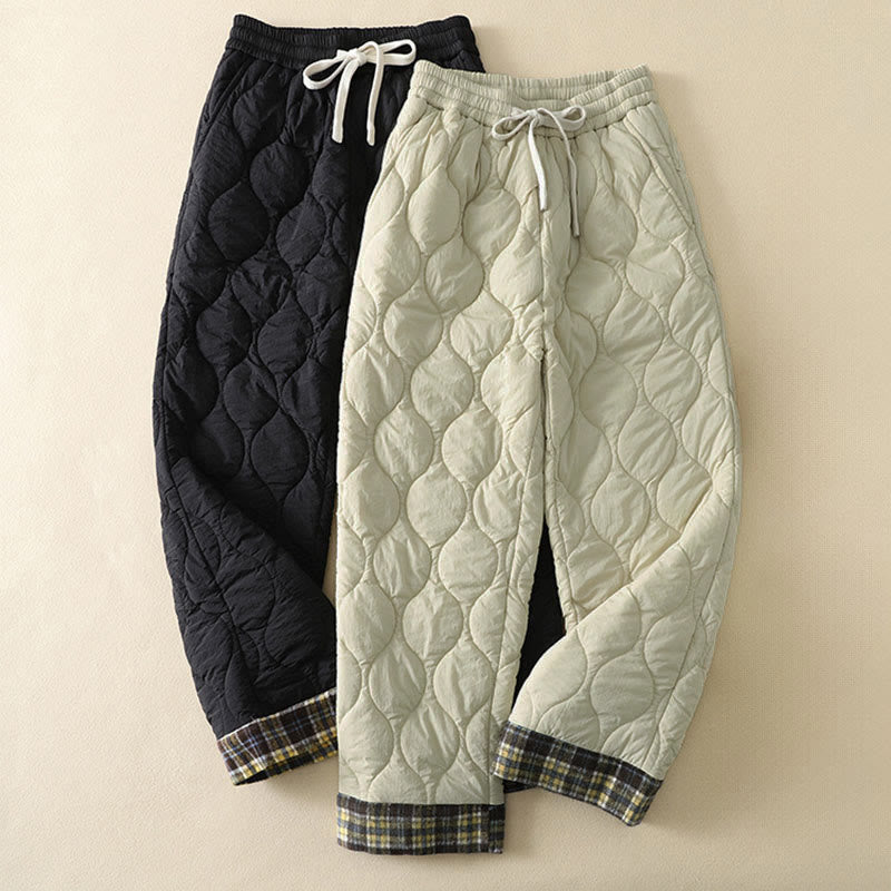 Nimara Ritual Winter Curved Lines Elastic Waist Drawstring Patchwork Plaid Cotton Thermal Women's Pants With Pockets