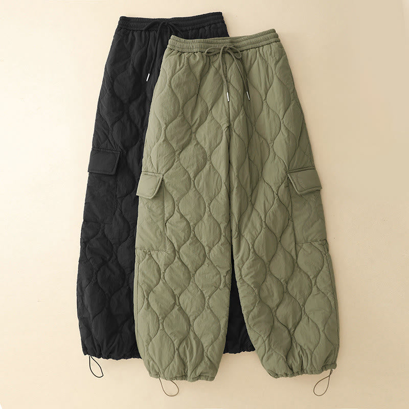 Nimara Ritual Winter Curved Lines Elastic Waist Drawstring Cotton Thermal Women's Pants With Pockets