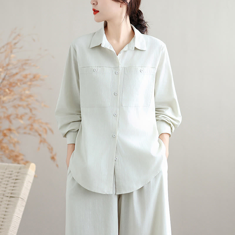 Nimara Ritual 2Pcs Fall Solid Color Cotton Buttons Down Long Sleeve Shirt Ankle-Length Wide Leg Pants Women's Set With Pockets