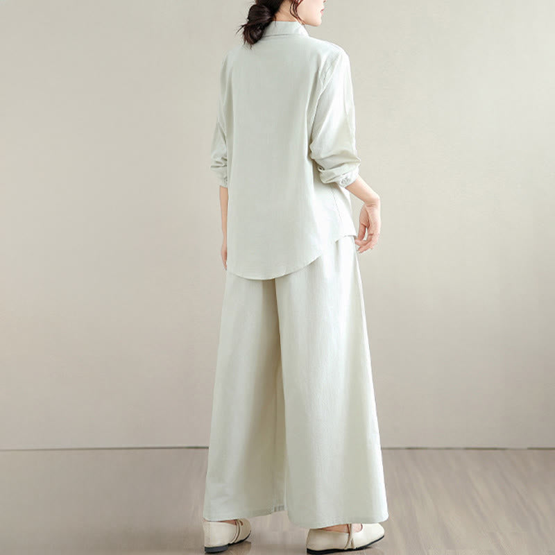 Nimara Ritual 2Pcs Fall Solid Color Cotton Buttons Down Long Sleeve Shirt Ankle-Length Wide Leg Pants Women's Set With Pockets
