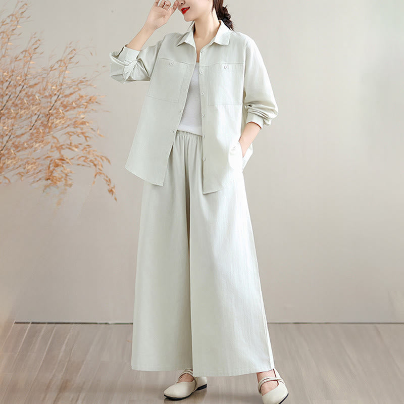 Nimara Ritual 2Pcs Fall Solid Color Cotton Buttons Down Long Sleeve Shirt Ankle-Length Wide Leg Pants Women's Set With Pockets
