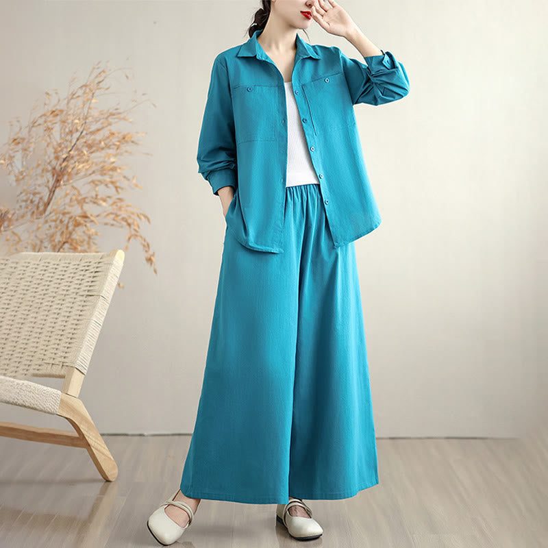 Nimara Ritual 2Pcs Fall Solid Color Cotton Buttons Down Long Sleeve Shirt Ankle-Length Wide Leg Pants Women's Set With Pockets