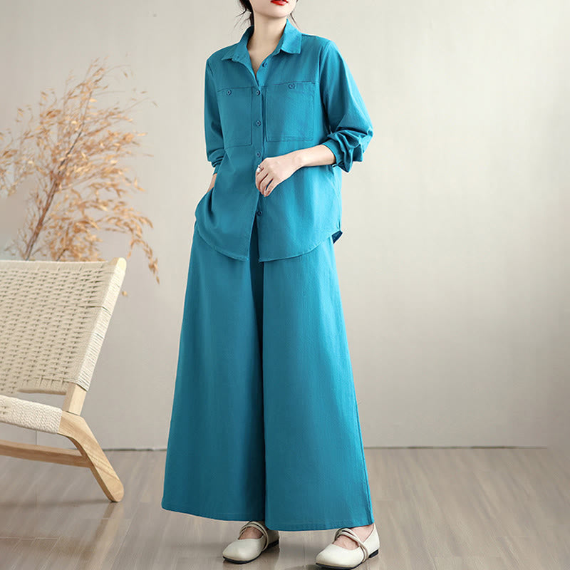 Nimara Ritual 2Pcs Fall Solid Color Cotton Buttons Down Long Sleeve Shirt Ankle-Length Wide Leg Pants Women's Set With Pockets