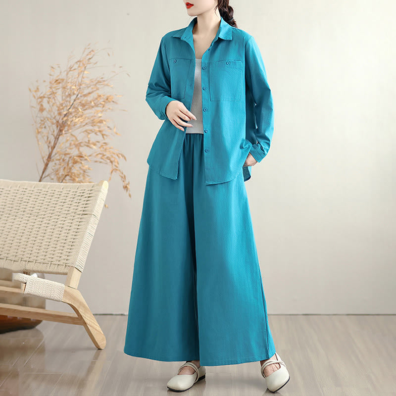 Nimara Ritual 2Pcs Fall Solid Color Cotton Buttons Down Long Sleeve Shirt Ankle-Length Wide Leg Pants Women's Set With Pockets