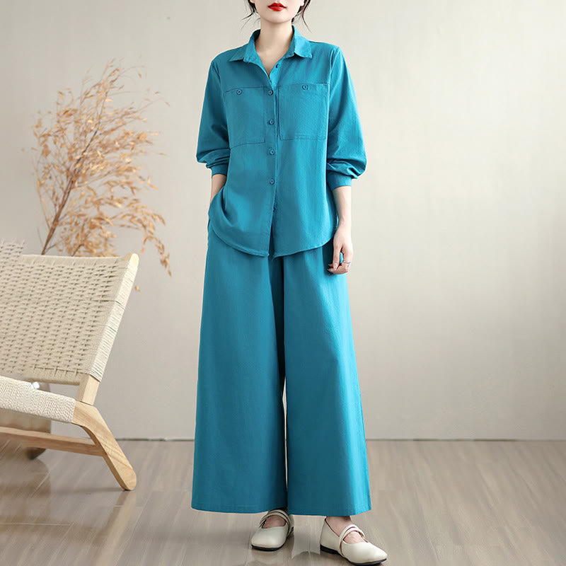 Nimara Ritual 2Pcs Fall Solid Color Cotton Buttons Down Long Sleeve Shirt Ankle-Length Wide Leg Pants Women's Set With Pockets