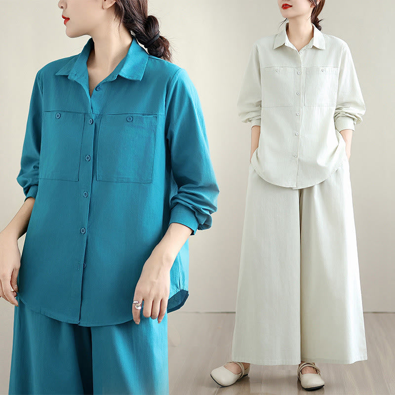 Nimara Ritual 2Pcs Fall Solid Color Cotton Buttons Down Long Sleeve Shirt Ankle-Length Wide Leg Pants Women's Set With Pockets