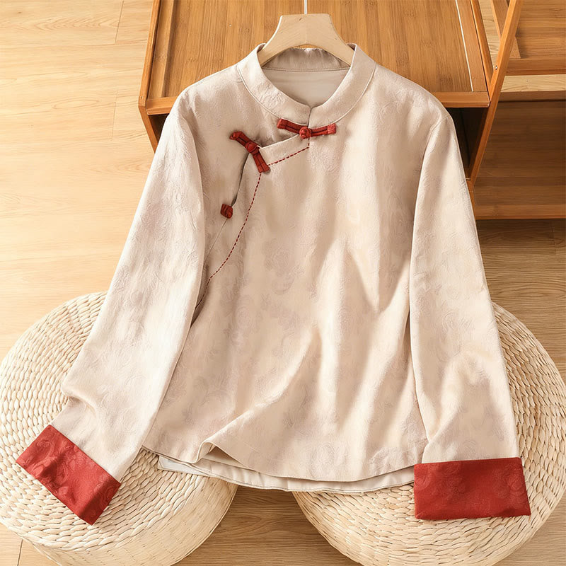 Nimara Ritual Fall Jacquard Floral Print Frog-Button Stand Collar Long Sleeve Women's Cotton Shirt