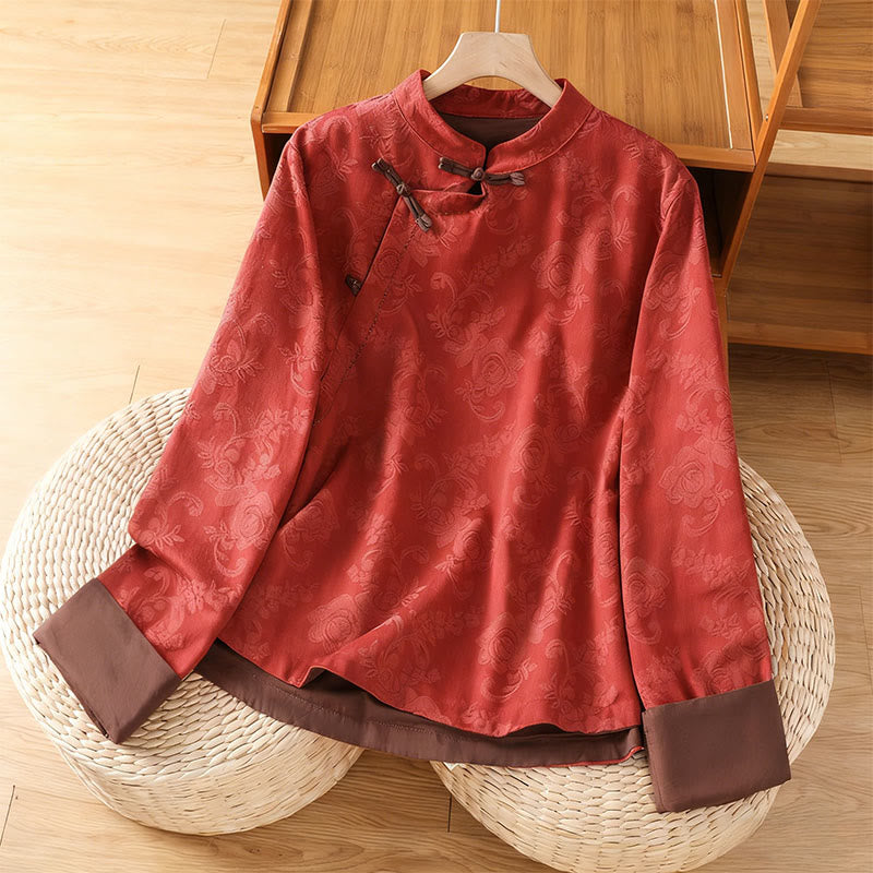 Nimara Ritual Fall Jacquard Floral Print Frog-Button Stand Collar Long Sleeve Women's Cotton Shirt