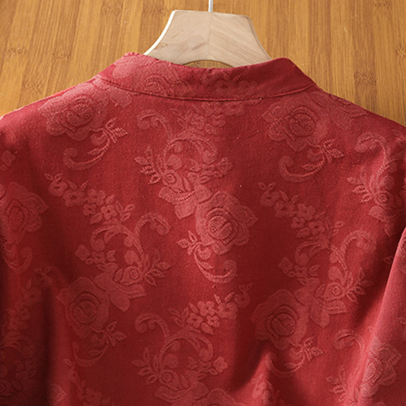 Nimara Ritual Fall Jacquard Floral Print Frog-Button Stand Collar Long Sleeve Women's Cotton Shirt