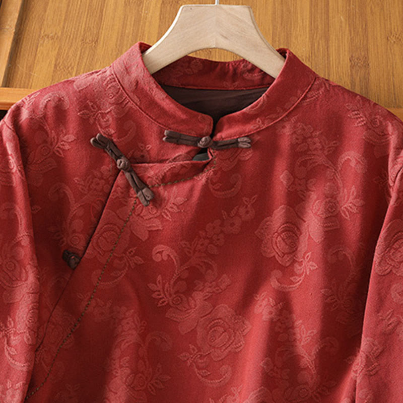 Nimara Ritual Fall Jacquard Floral Print Frog-Button Stand Collar Long Sleeve Women's Cotton Shirt