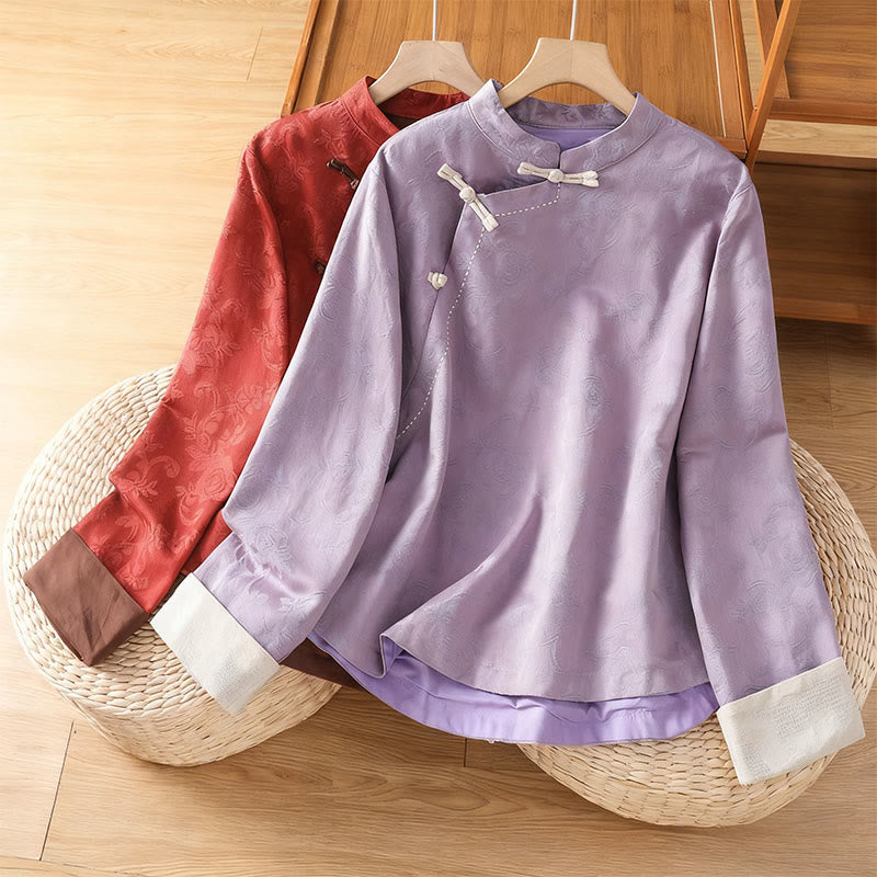 Nimara Ritual Fall Jacquard Floral Print Frog-Button Stand Collar Long Sleeve Women's Cotton Shirt