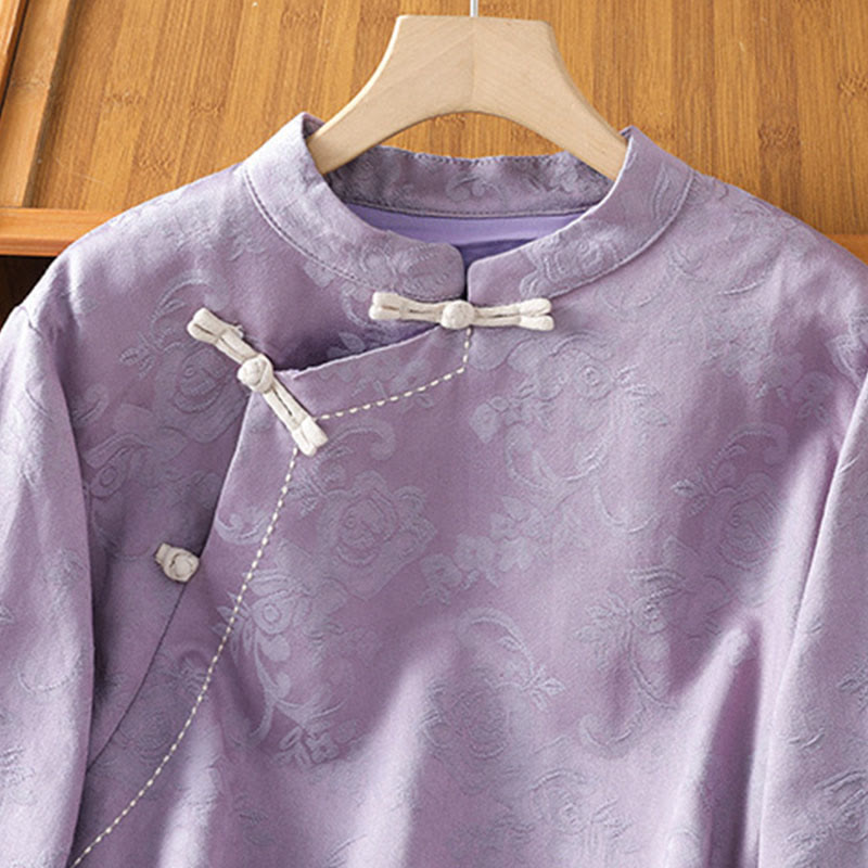 Nimara Ritual Fall Jacquard Floral Print Frog-Button Stand Collar Long Sleeve Women's Cotton Shirt