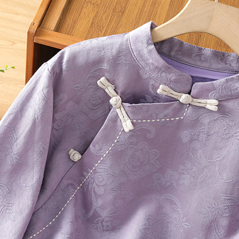 Nimara Ritual Fall Jacquard Floral Print Frog-Button Stand Collar Long Sleeve Women's Cotton Shirt