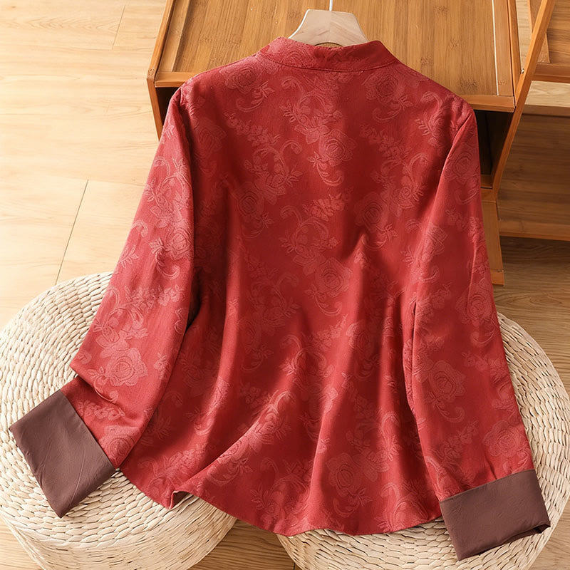 Nimara Ritual Fall Jacquard Floral Print Frog-Button Stand Collar Long Sleeve Women's Cotton Shirt