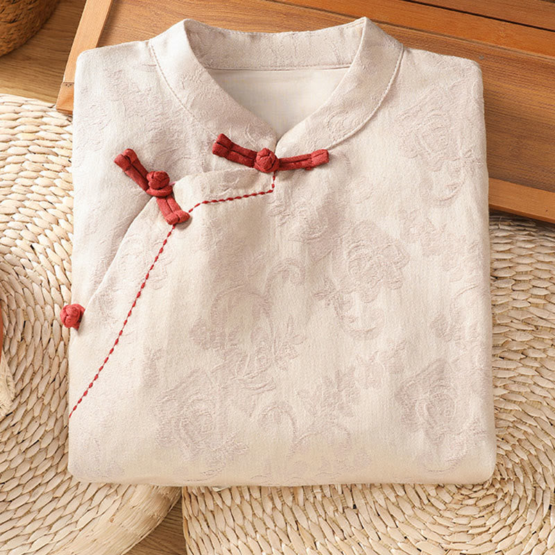 Nimara Ritual Fall Jacquard Floral Print Frog-Button Stand Collar Long Sleeve Women's Cotton Shirt