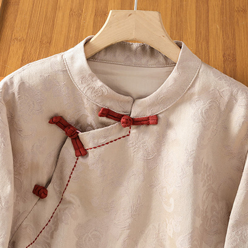 Nimara Ritual Fall Jacquard Floral Print Frog-Button Stand Collar Long Sleeve Women's Cotton Shirt