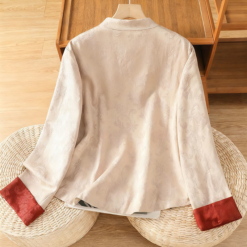 Nimara Ritual Fall Jacquard Floral Print Frog-Button Stand Collar Long Sleeve Women's Cotton Shirt