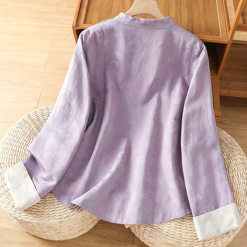 Nimara Ritual Fall Jacquard Floral Print Frog-Button Stand Collar Long Sleeve Women's Cotton Shirt
