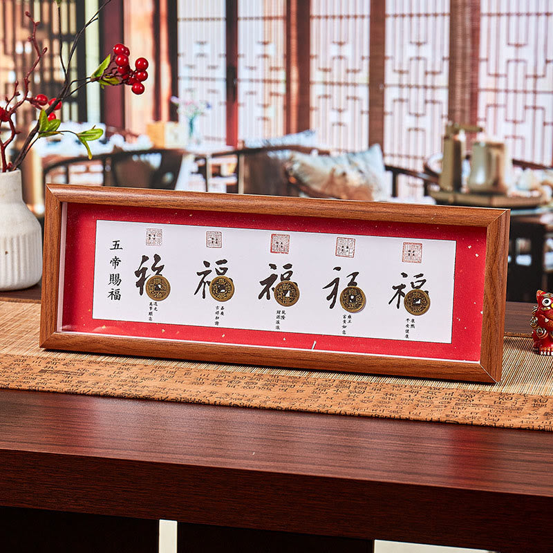 Nimara Ritual Fu Character Five-Emperor Coins Lucky Fortune Photo Frame Ornament Home Decor