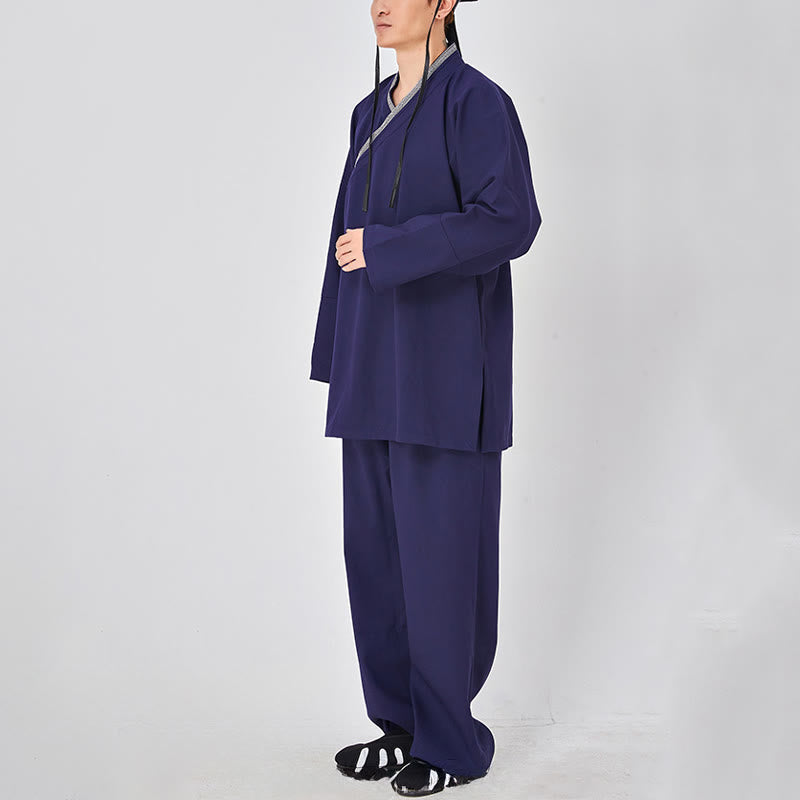 Nimara Ritual 2Pcs Wudang Fall Solid Frog-Button Long Sleeve Linen Unisex Taoist Robe Kimono Pants Qigong Ceremony Suit