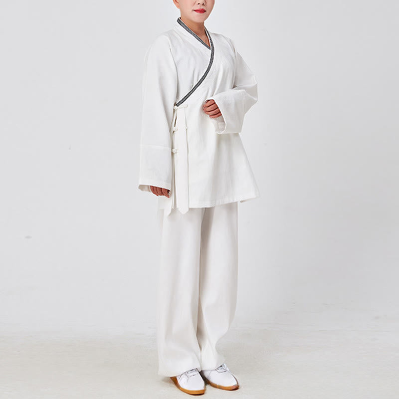 Nimara Ritual 2Pcs Wudang Fall Solid Frog-Button Long Sleeve Linen Unisex Taoist Robe Kimono Pants Qigong Ceremony Suit