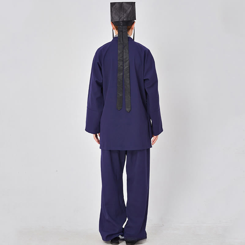 Nimara Ritual 2Pcs Wudang Fall Solid Frog-Button Long Sleeve Linen Unisex Taoist Robe Kimono Pants Qigong Ceremony Suit