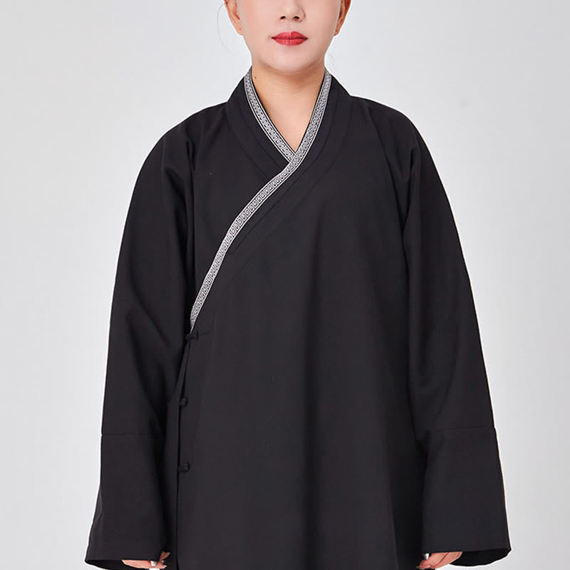Nimara Ritual 2Pcs Wudang Fall Solid Frog-Button Long Sleeve Linen Unisex Taoist Robe Kimono Pants Qigong Ceremony Suit