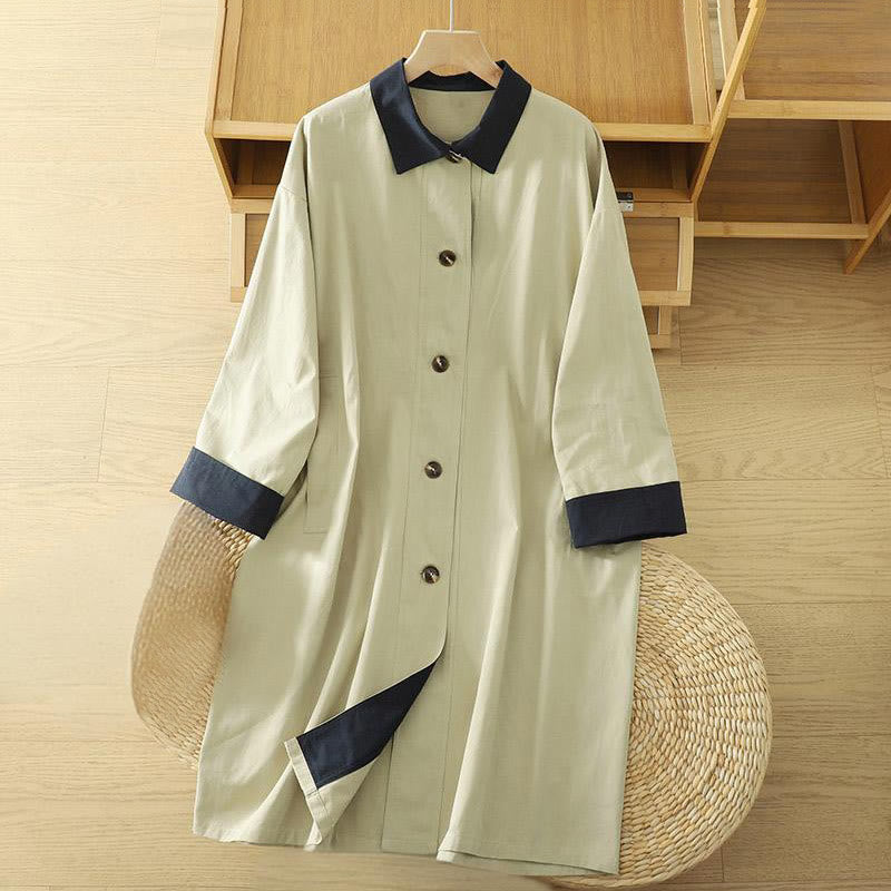 Nimara Ritual Fall Lapel Buttons Patchwork Design Women's Cotton Long Sleeve Coat With Pockets