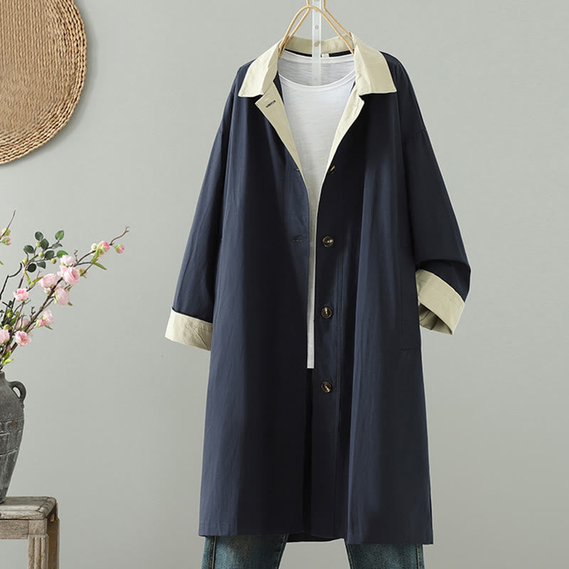 Nimara Ritual Fall Lapel Buttons Patchwork Design Women's Cotton Long Sleeve Coat With Pockets