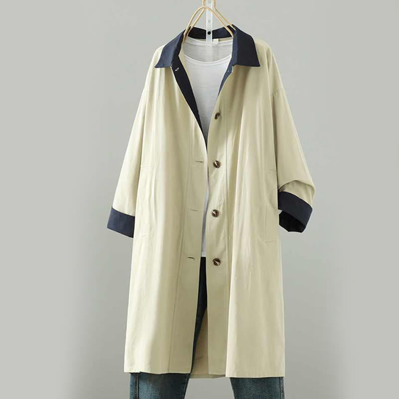 Nimara Ritual Fall Lapel Buttons Patchwork Design Women's Cotton Long Sleeve Coat With Pockets