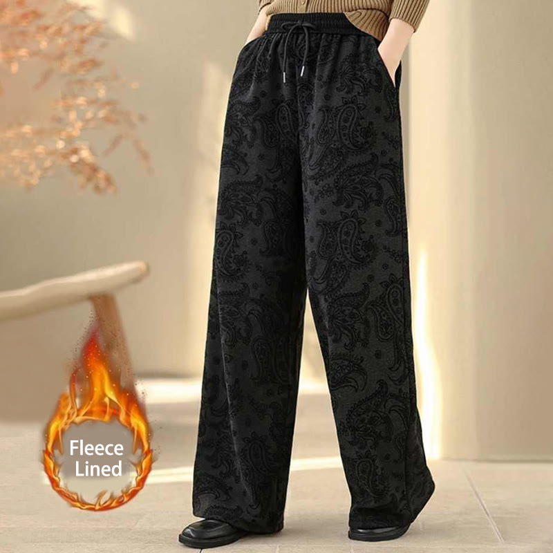 Nimara Ritual Jacquard Paisley Pattern Women's Wide Leg Thermal Fleece-Lined Cotton Pants With Pockets