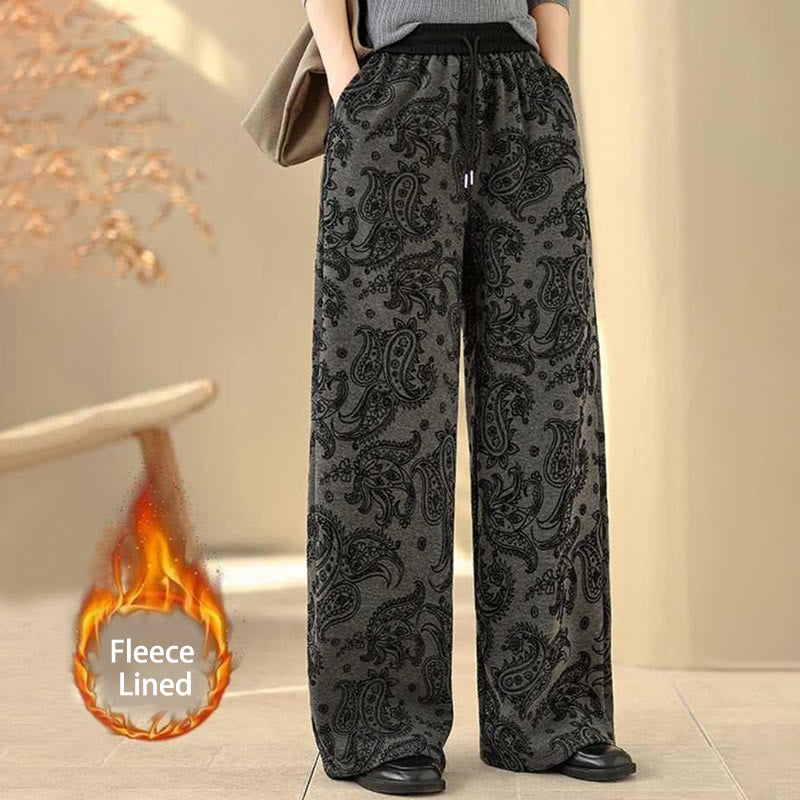 Nimara Ritual Jacquard Paisley Pattern Women's Wide Leg Thermal Fleece-Lined Cotton Pants With Pockets