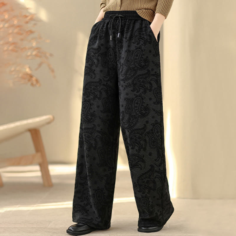 Nimara Ritual Jacquard Paisley Pattern Women's Wide Leg Thermal Fleece-Lined Cotton Pants With Pockets