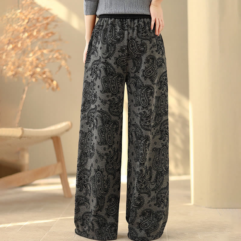 Nimara Ritual Jacquard Paisley Pattern Women's Wide Leg Thermal Fleece-Lined Cotton Pants With Pockets