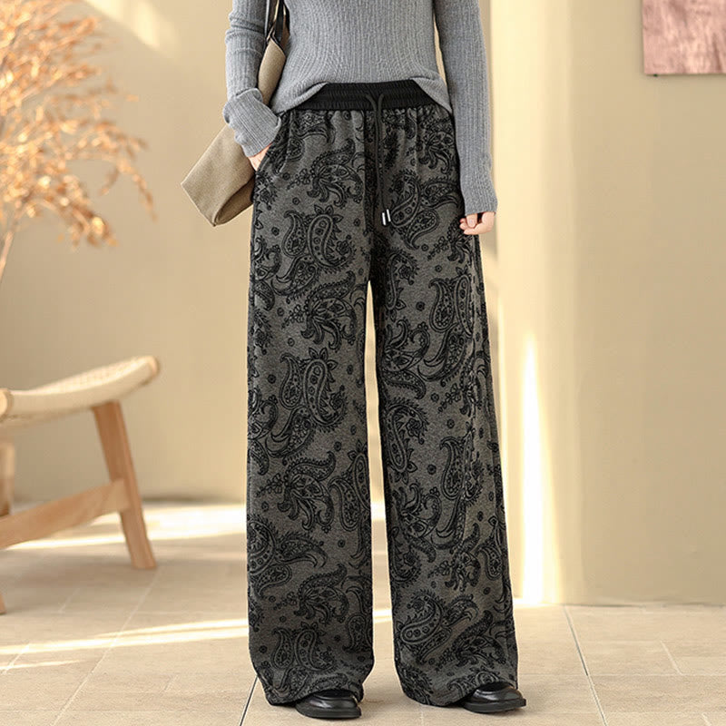 Nimara Ritual Jacquard Paisley Pattern Women's Wide Leg Thermal Fleece-Lined Cotton Pants With Pockets