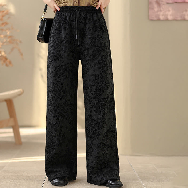 Nimara Ritual Jacquard Paisley Pattern Women's Wide Leg Thermal Fleece-Lined Cotton Pants With Pockets