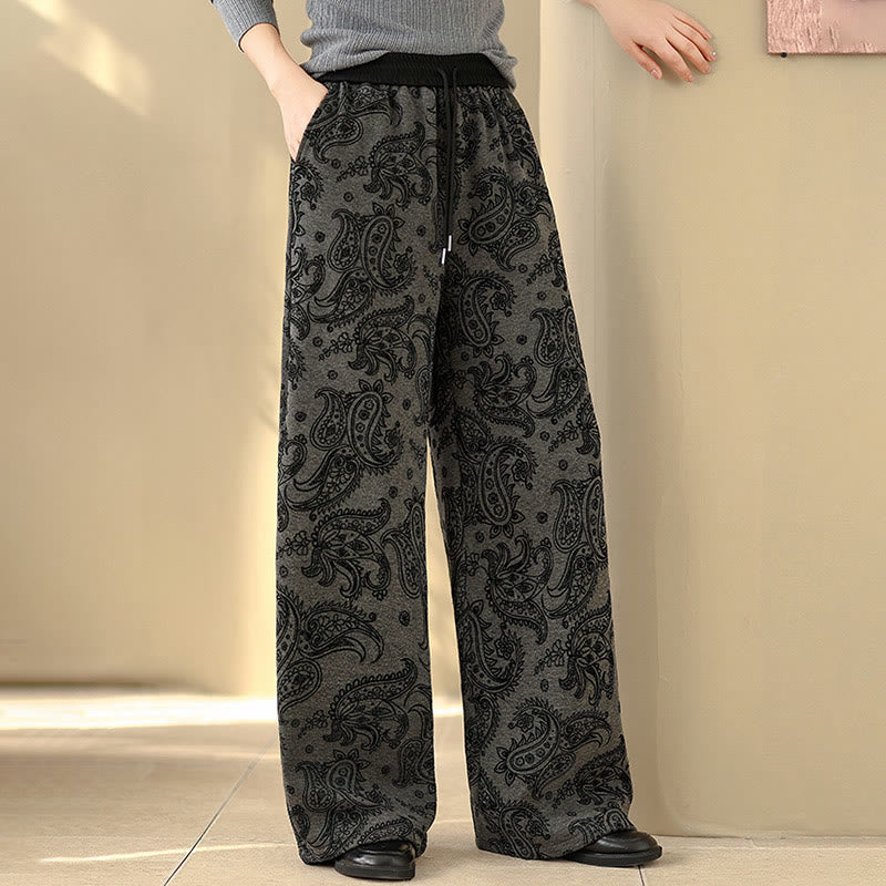 Nimara Ritual Jacquard Paisley Pattern Women's Wide Leg Thermal Fleece-Lined Cotton Pants With Pockets