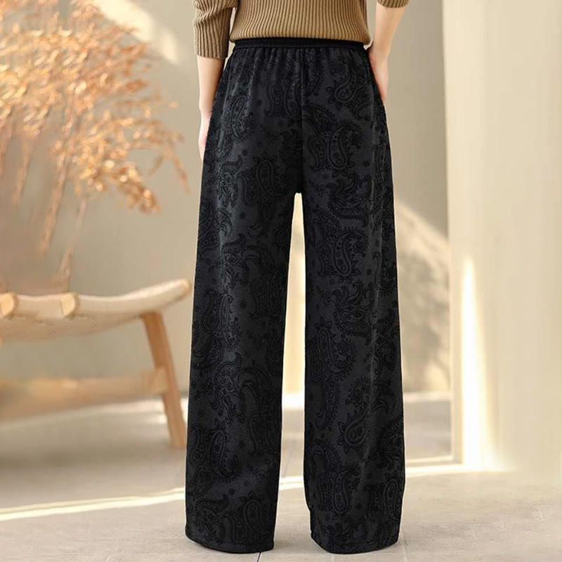 Nimara Ritual Jacquard Paisley Pattern Women's Wide Leg Thermal Fleece-Lined Cotton Pants With Pockets