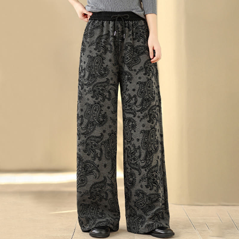 Nimara Ritual Jacquard Paisley Pattern Women's Wide Leg Thermal Fleece-Lined Cotton Pants With Pockets
