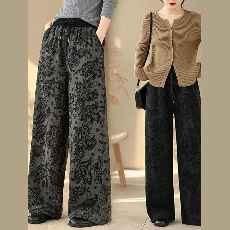 Nimara Ritual Jacquard Paisley Pattern Women's Wide Leg Thermal Fleece-Lined Cotton Pants With Pockets