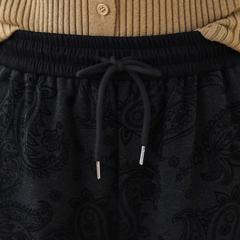 Nimara Ritual Jacquard Paisley Pattern Women's Wide Leg Thermal Fleece-Lined Cotton Pants With Pockets
