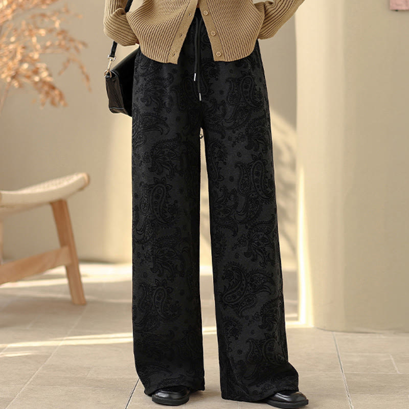 Nimara Ritual Jacquard Paisley Pattern Women's Wide Leg Thermal Fleece-Lined Cotton Pants With Pockets