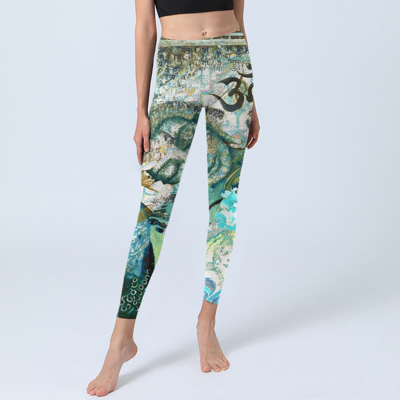 Nimara Ritual Om Symbol Human Figure Peacock Lotus Pattern Print Gym Leggings Women's Yoga Pants